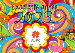 Excellente année 2023 avec l'AJPC ! Visuel psychédélique avec des personnes handicapées qui font dérouler les chiffres 2023.
