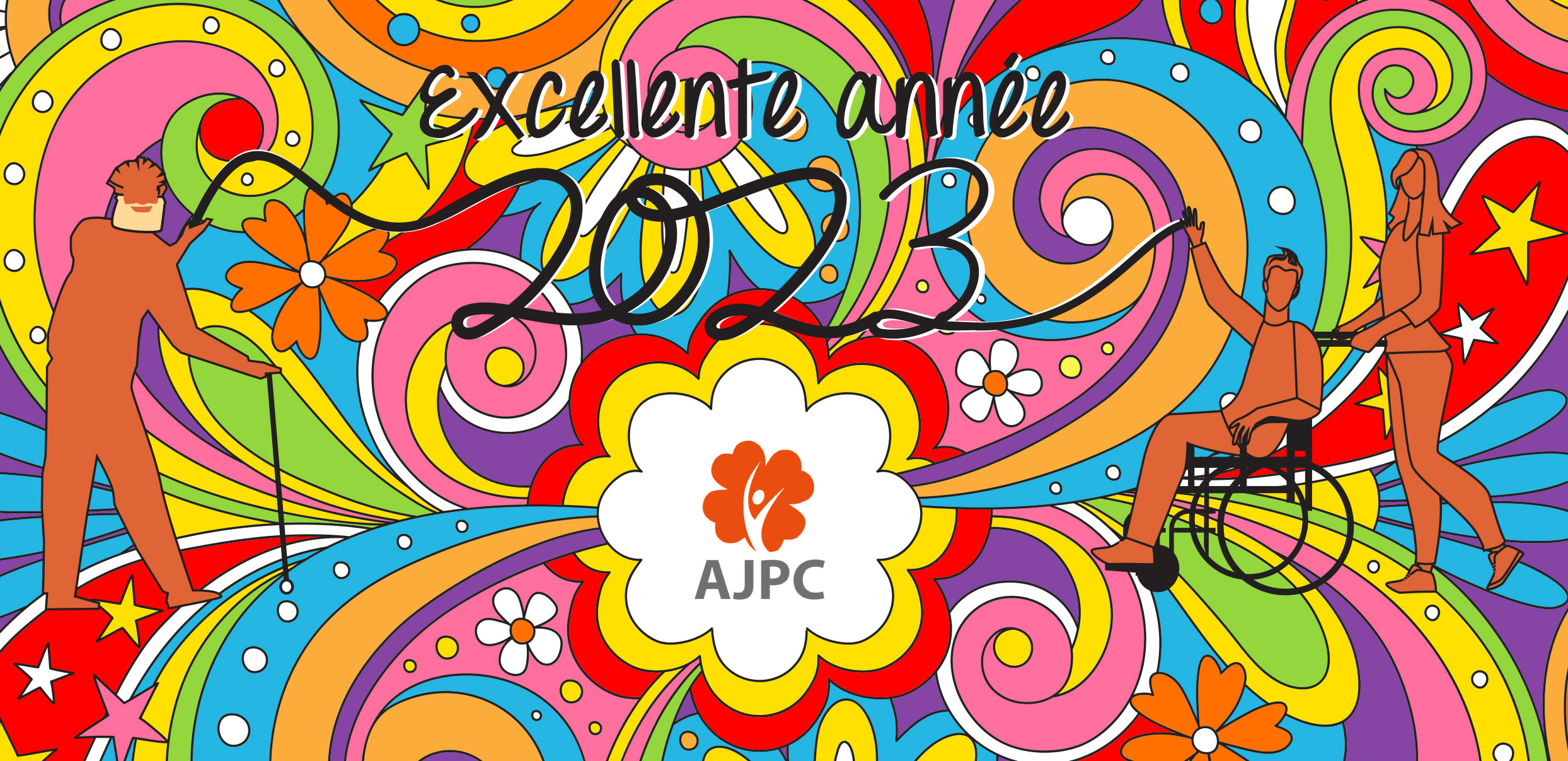 Excellente année 2023 avec l'AJPC ! Visuel psychédélique avec des personnes handicapées qui font dérouler les chiffres 2023.